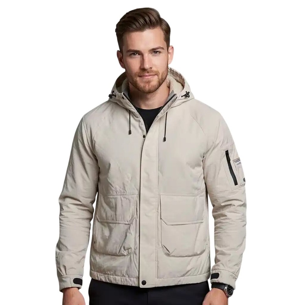 Guess Mens Any Weather Sherpa Lined Hooded Parka Jacket Beige Tan Medium NWT